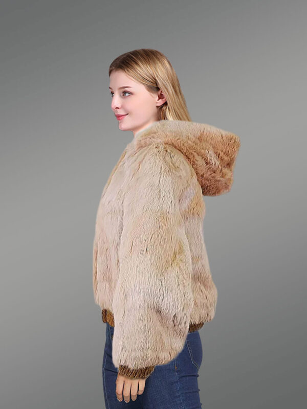 Beige Rabbit Fur Bomber Jacket for Women - Image 3
