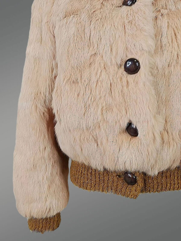Beige Rabbit Fur Bomber Jacket for Women - Image 5