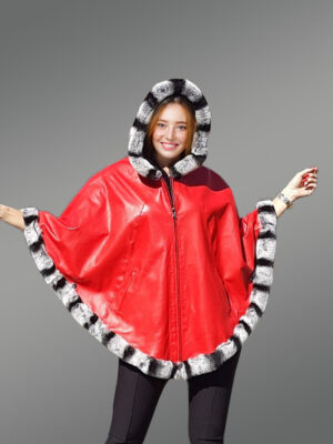 Leather Cape with Chinchilla Finish Trim in Red