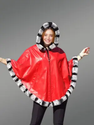 Leather Cape with Chinchilla Finish Trim in Red