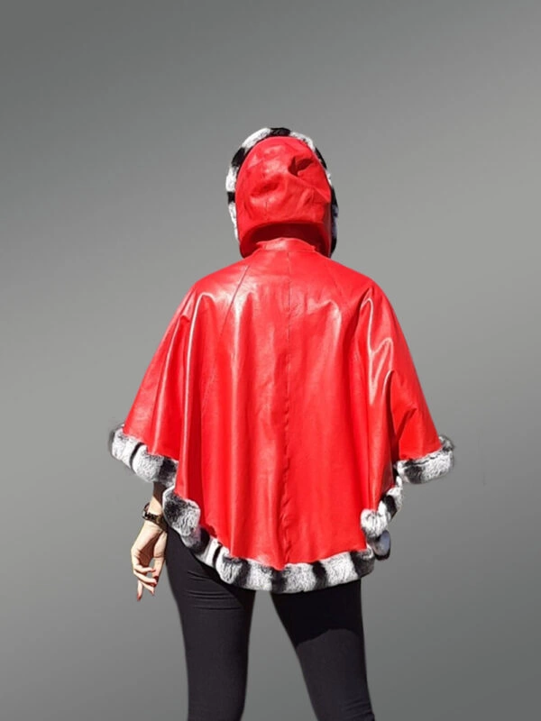 Leather Cape with Chinchilla Finish Trim in Red - Image 2