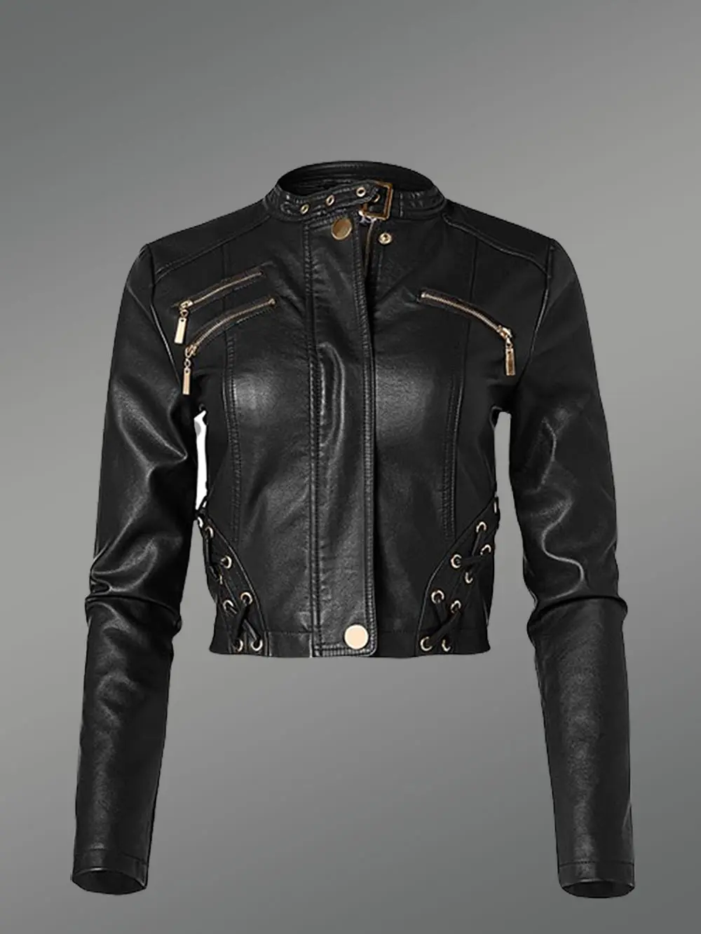 Crop Leather Motorcycle Jacket - Image 3