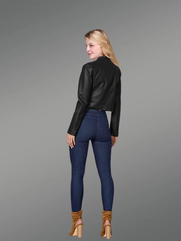 Crop Leather Motorcycle Jacket - Image 2