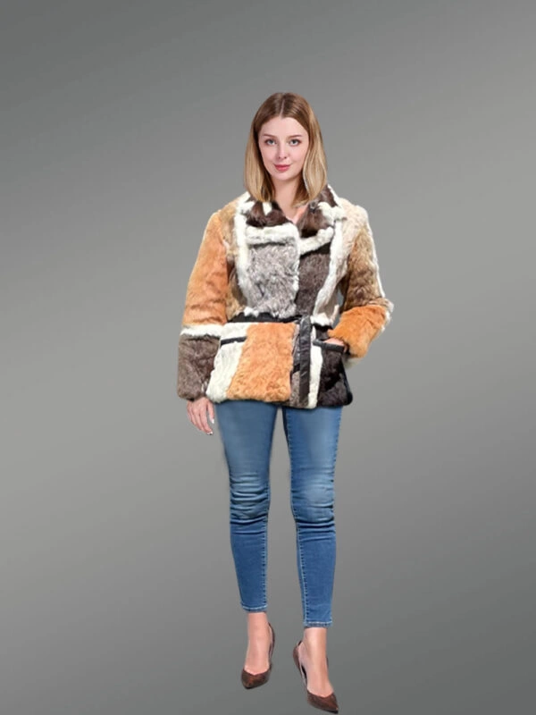 Double Breast Multi Color Rabbit Fur Coat - Image 2