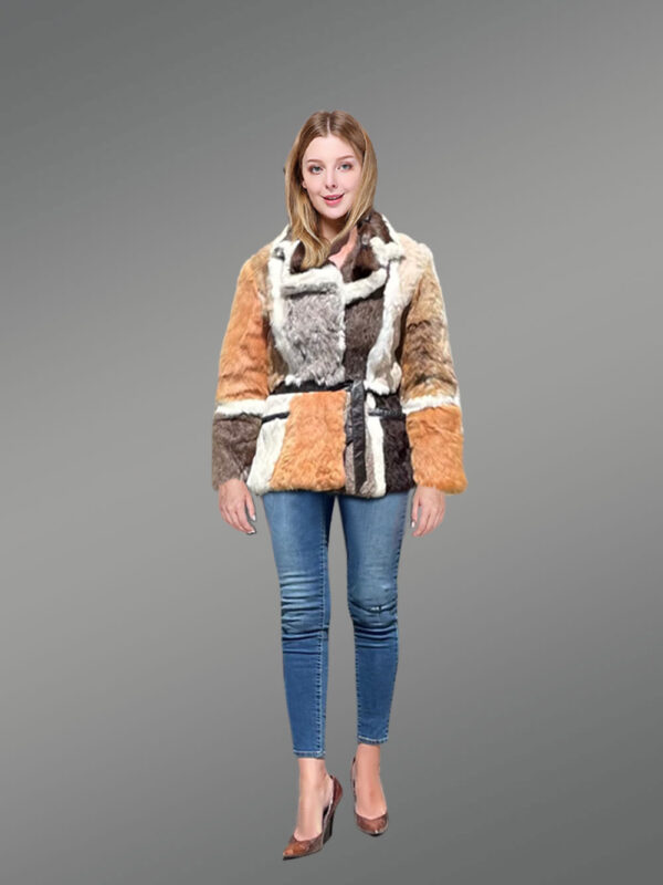 Women Double Breast Multi Color Rabbit Fur Coat