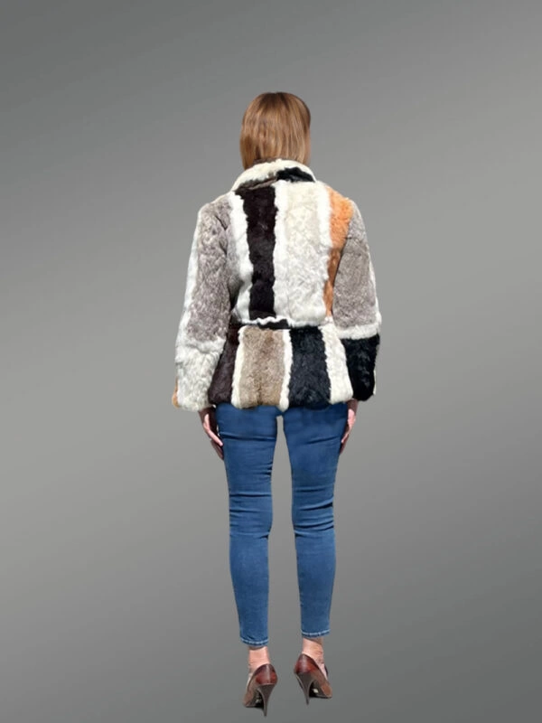 Double Breast Multi Color Rabbit Fur Coat - Image 3