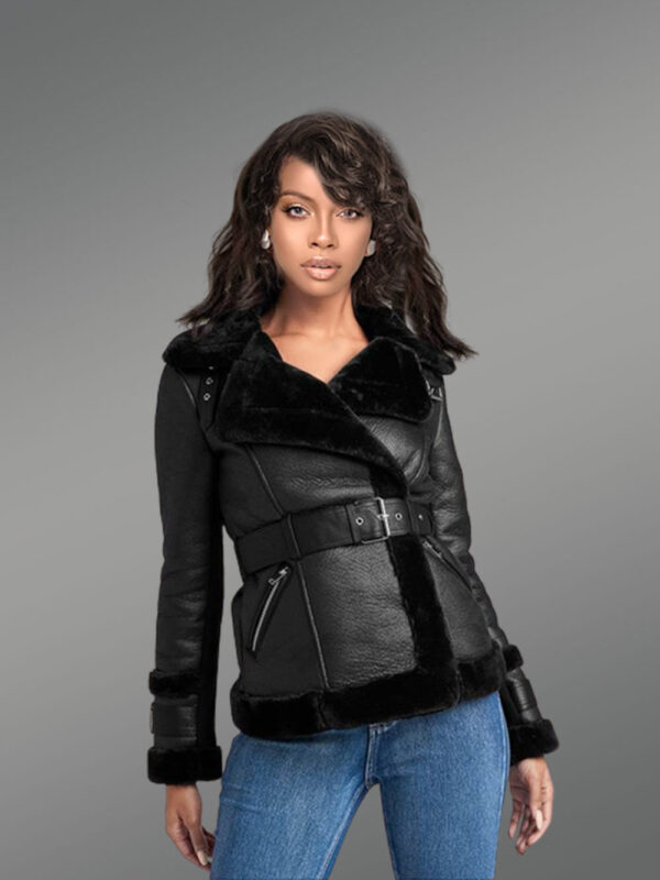 Women Double Breast Shearling Jacket with Belt