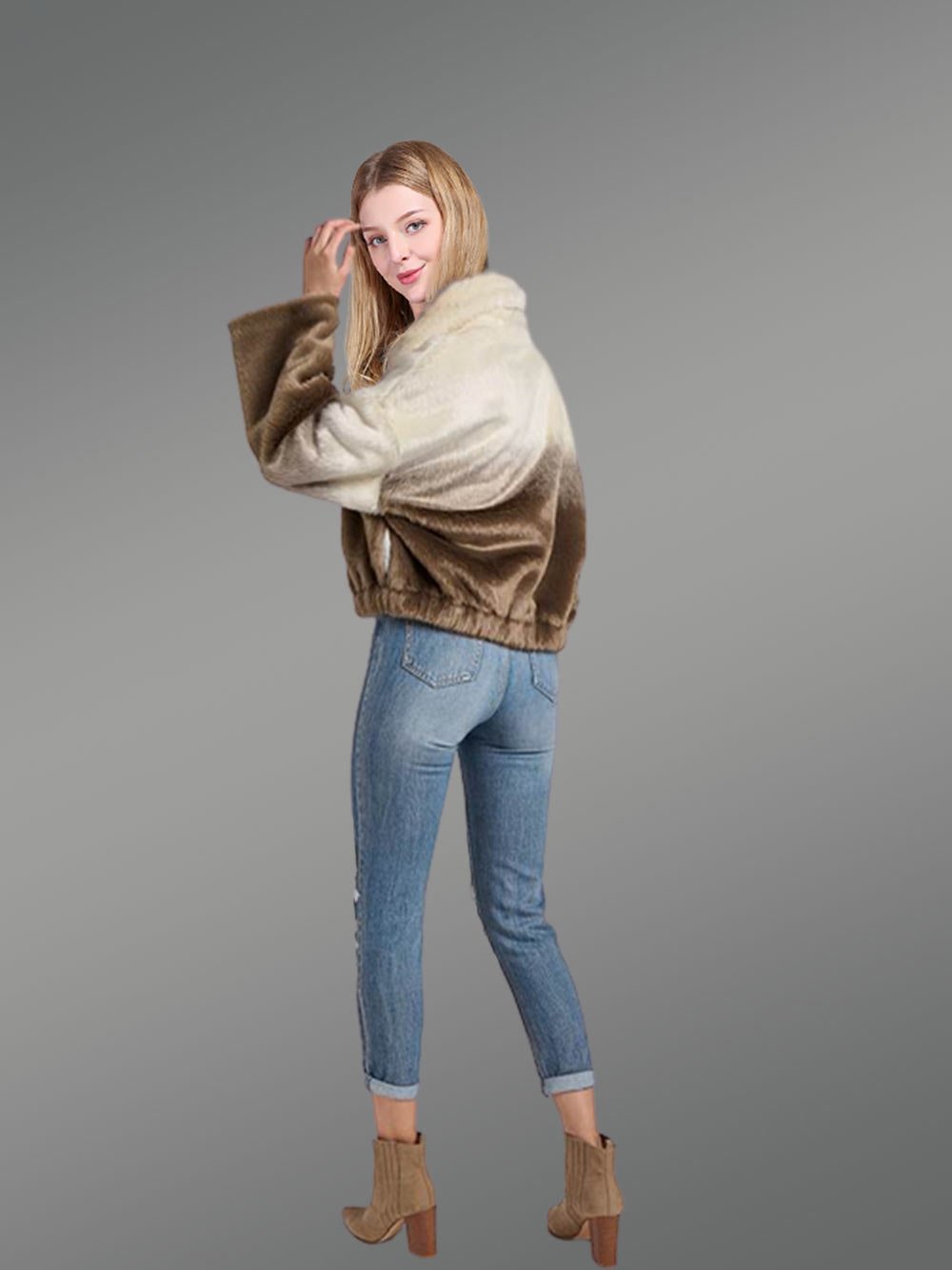 Dual Colored Fur Bomber Jacket for Women - Image 4