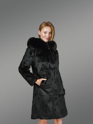 Long A-line Rabbit Fur Coat with Hood in Black for Women