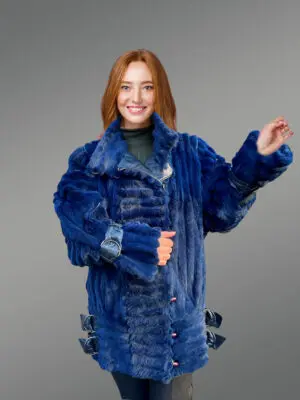 Vintage Rabbit Fur Coat for Women in Royal Blue