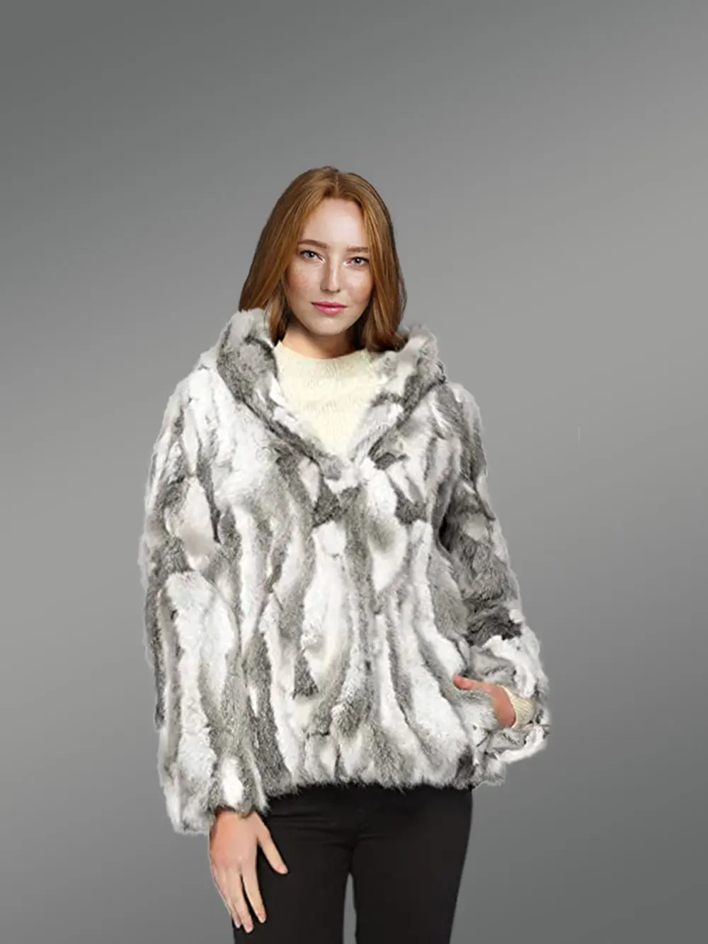Women’s Authentic Hooded Rabbit Fur Jacket in Gray and White - Image 2