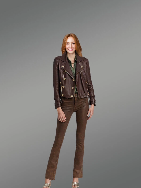 Crop Leather Moto Jacket with Belt - Image 3