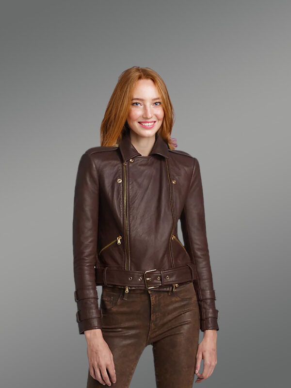 Crop Leather Moto Jacket with Belt - Image 2