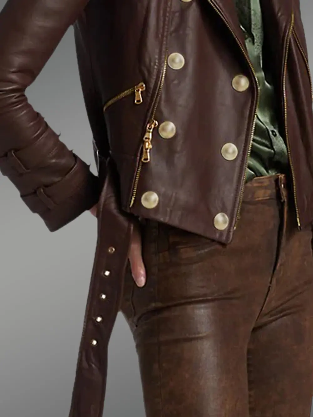 Crop Leather Moto Jacket with Belt - Image 5