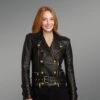 Crop Leather Moto Jacket with Belt in Black