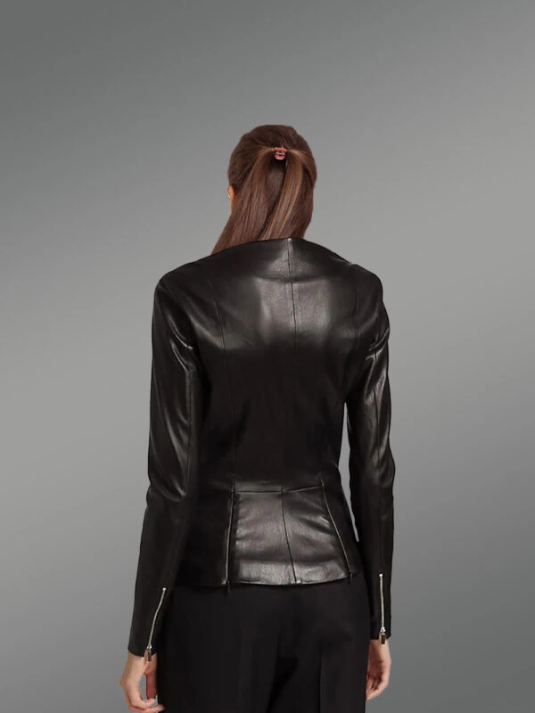 Womens Collarless Leather Jacket with zippered cuff - Image 4