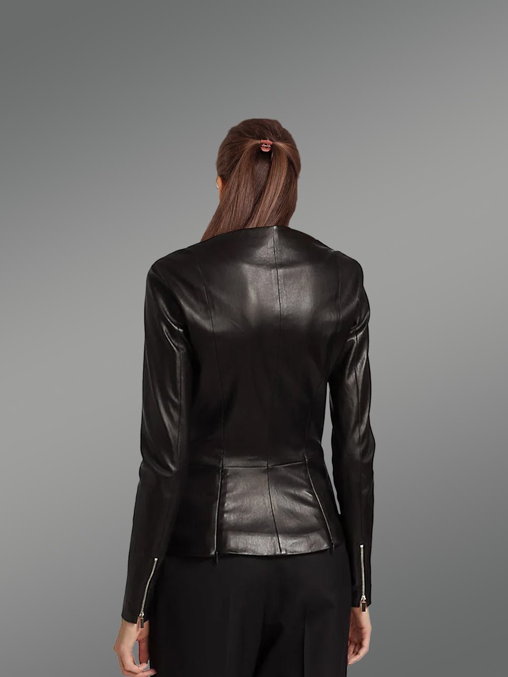 Womens Collarless Leather Jacket with zippered cuff - Image 4