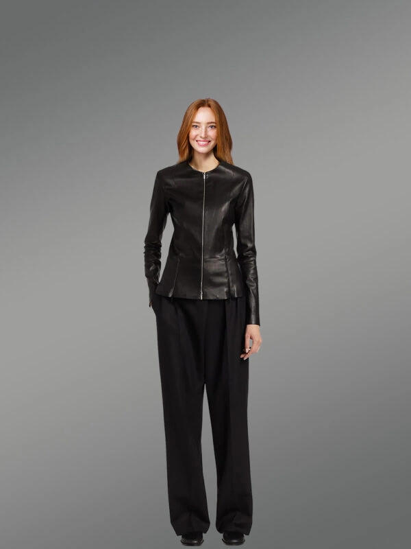 Womens Collarless Leather Jacket with zippered cuff - Image 2