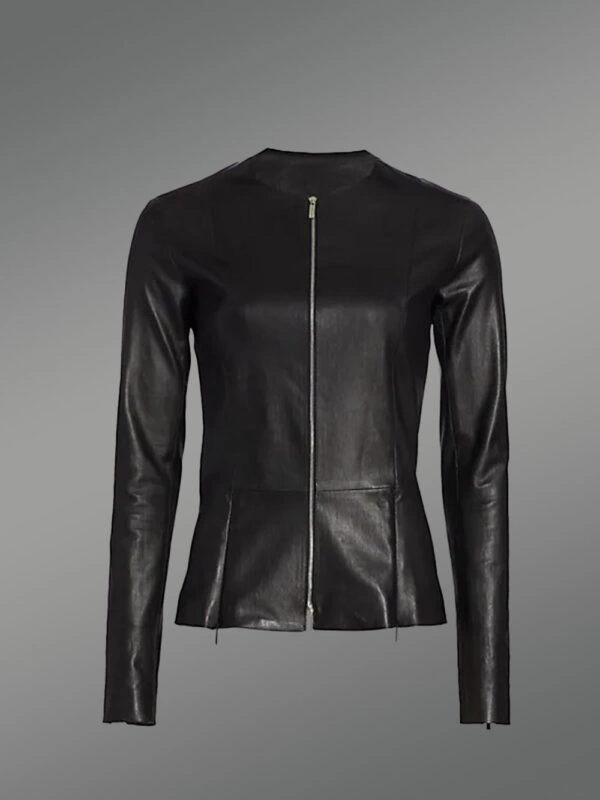 Womens Collarless Leather Jacket with zippered cuff - Image 5