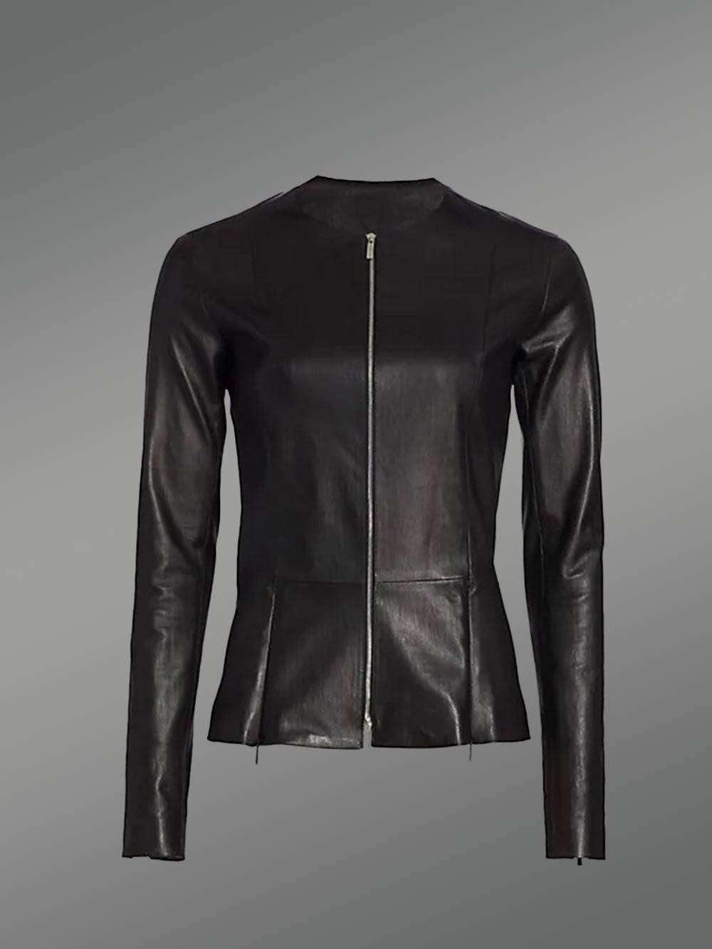 Womens Collarless Leather Jacket with zippered cuff - Image 5