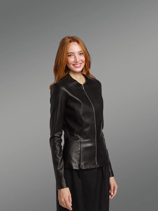 Womens Collarless Leather Jacket with zippered cuff - Image 3
