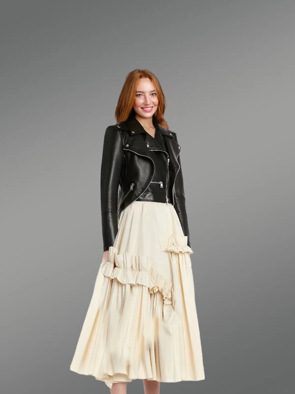 Dressy Crop Leather Jacket in Black - Image 3