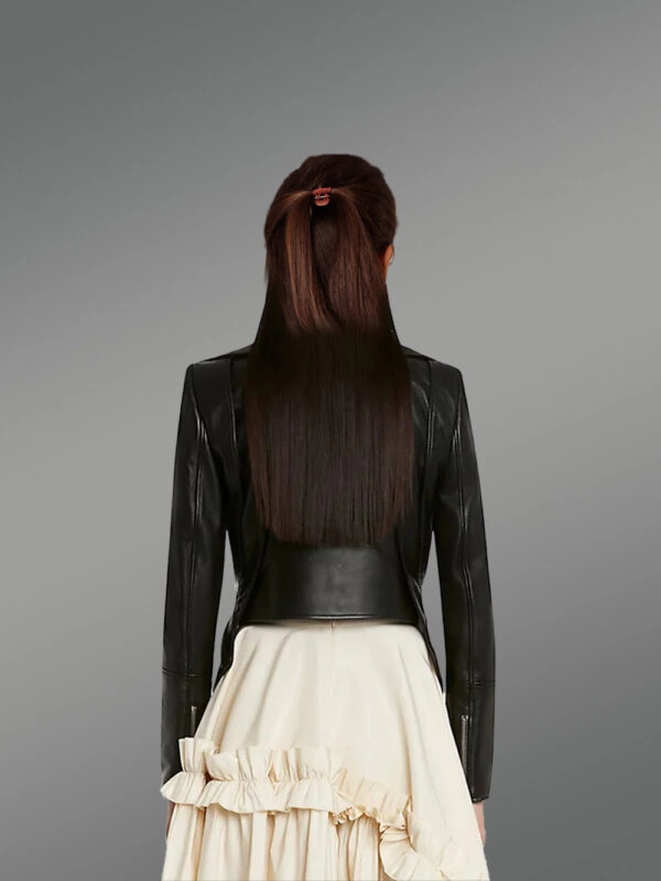 Dressy Crop Leather Jacket in Black - Image 4