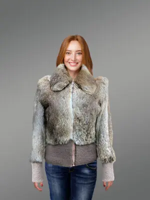Hare Fur Bomber Jacket for Women in Natural Color