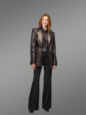 Mid Length Leather Coat with Flap Pockets