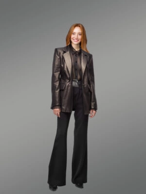 Mid Length Leather Coat with Flap Pockets