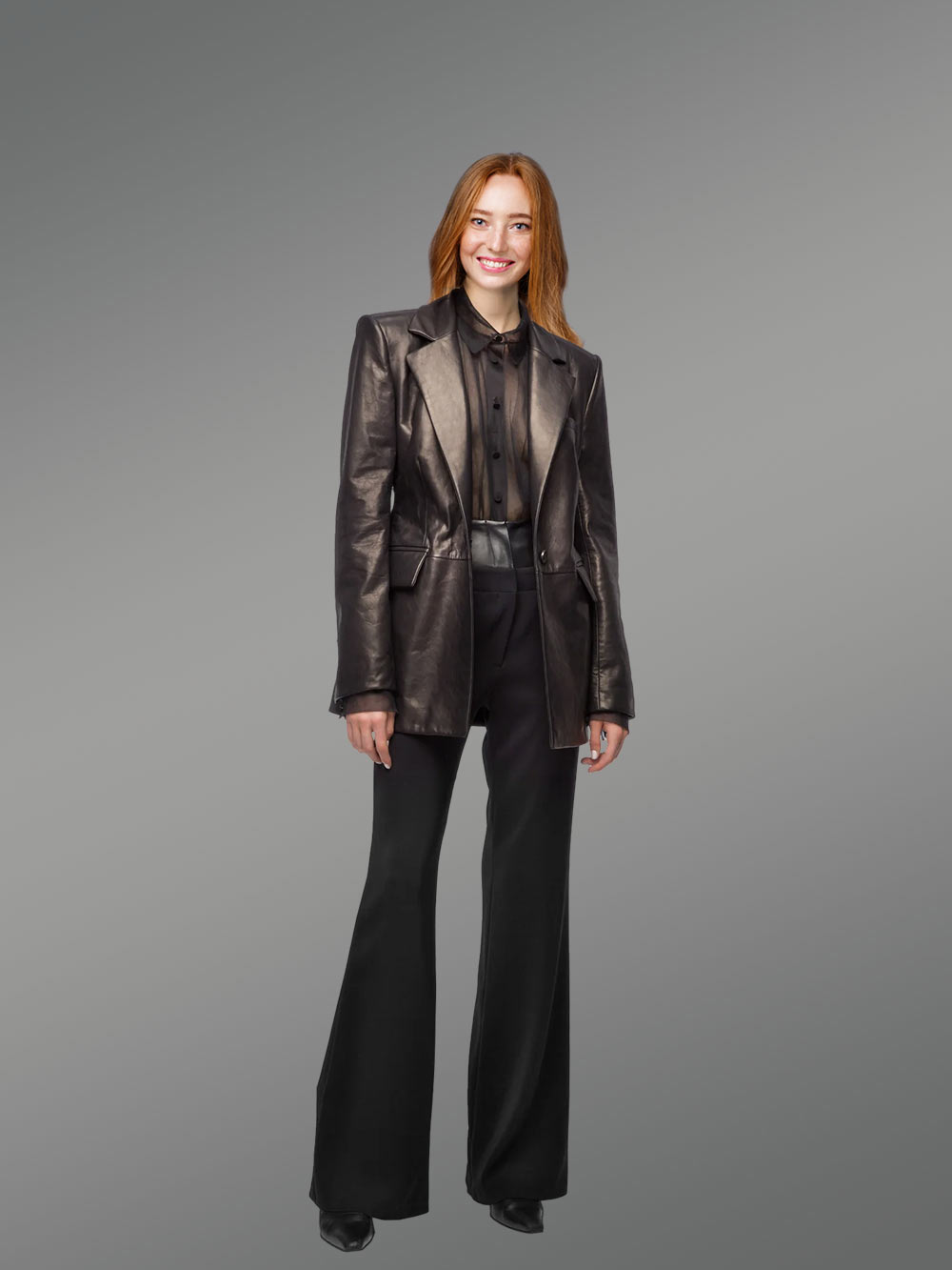 Mid Length Leather Coat with Flap Pockets