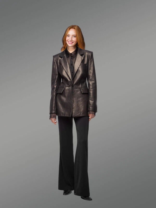 Mid Length Leather Coat with Flap Pockets - Image 2