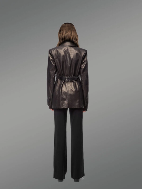 Mid Length Leather Coat with Flap Pockets - Image 3