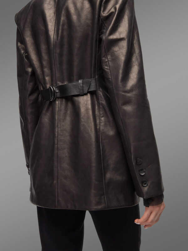 Mid Length Leather Coat with Flap Pockets - Image 4