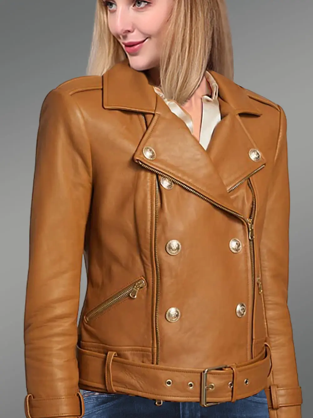 Real Leather Biker Jacket in Tan - Image 4