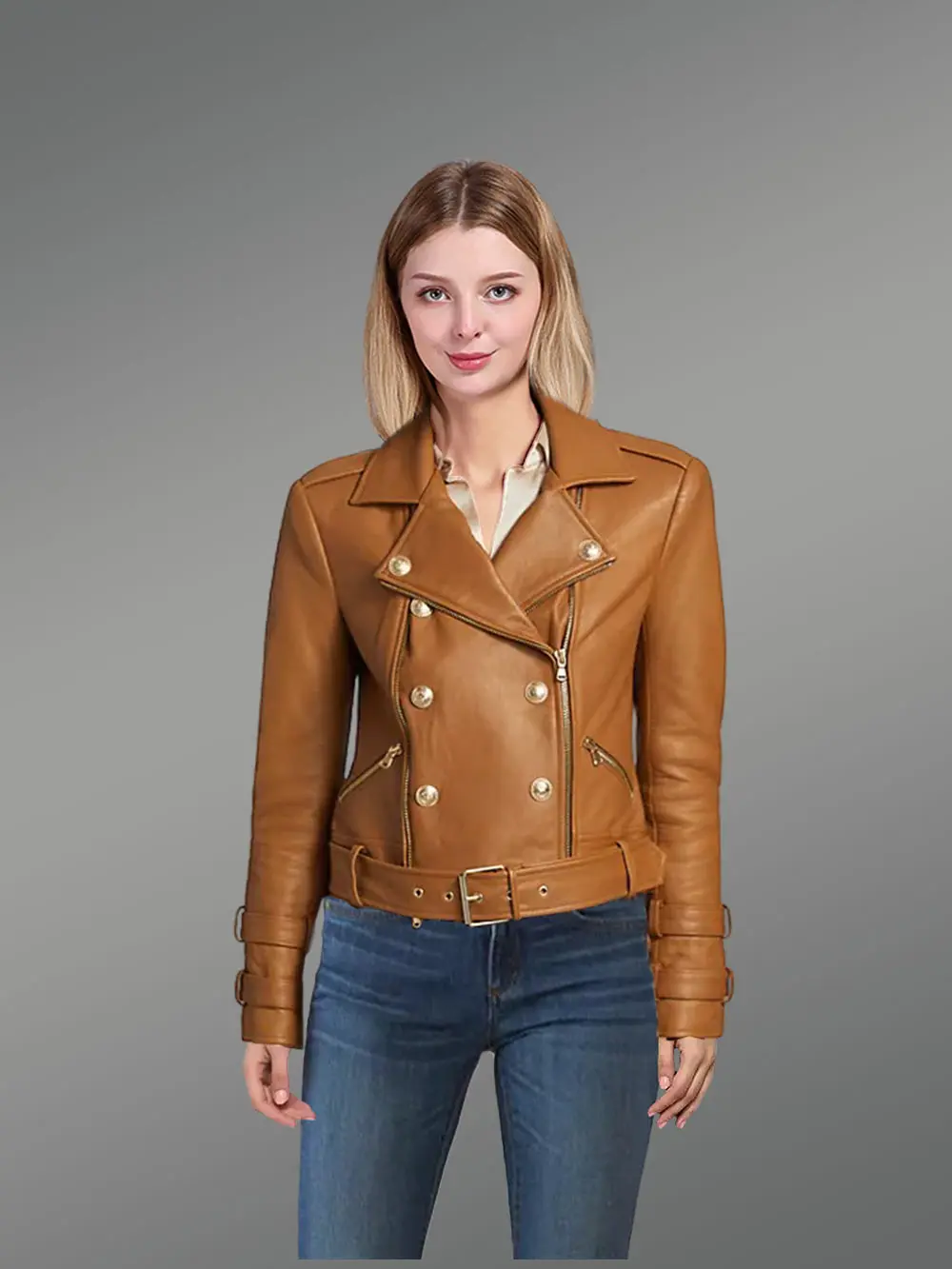 Real Leather Biker Jacket in Tan - Image 3