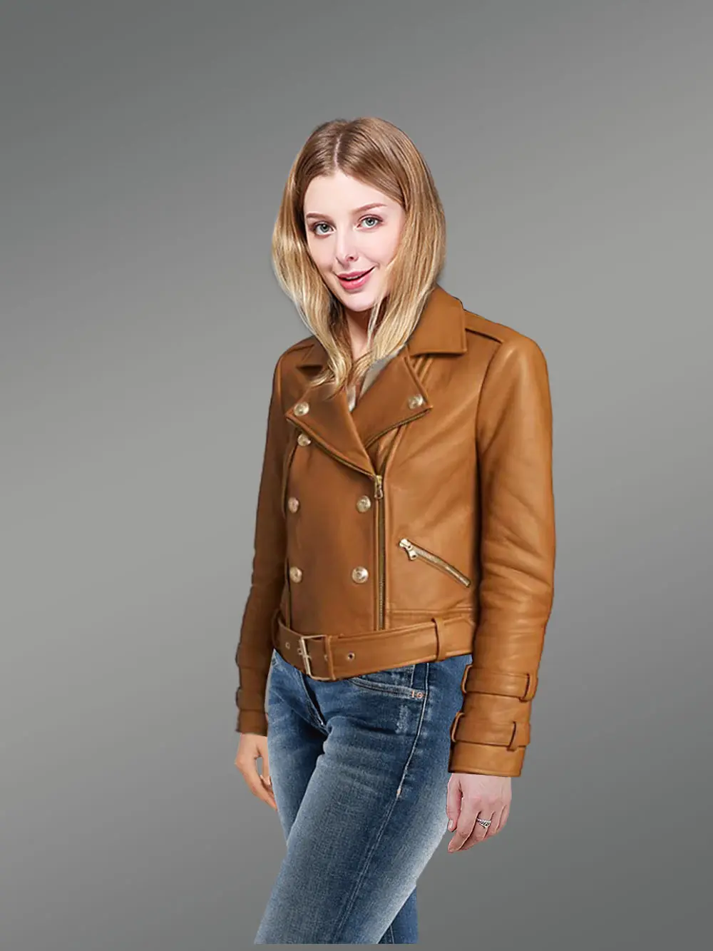 Real Leather Biker Jacket in Tan - Image 2