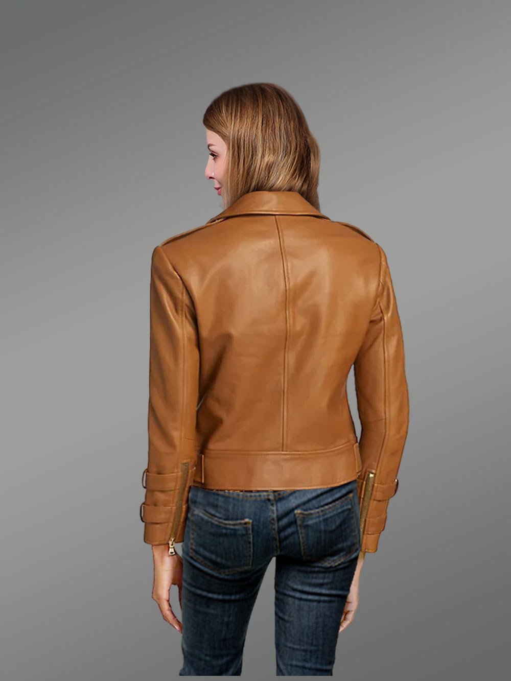 Real Leather Biker Jacket in Tan - Image 5