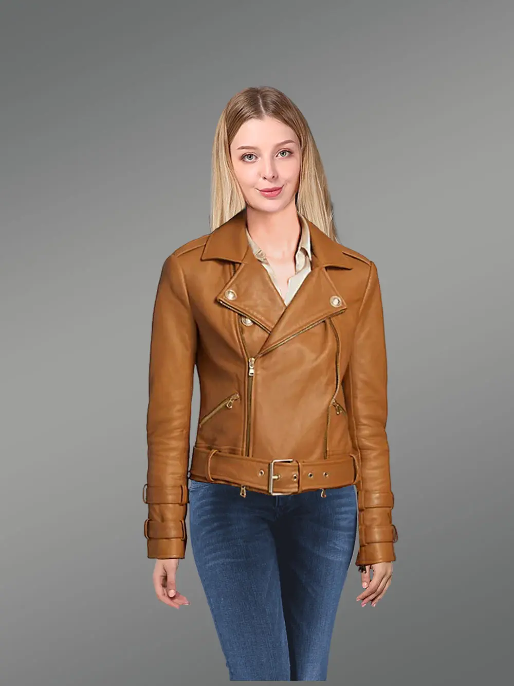 Real Leather Biker Jacket in Tan