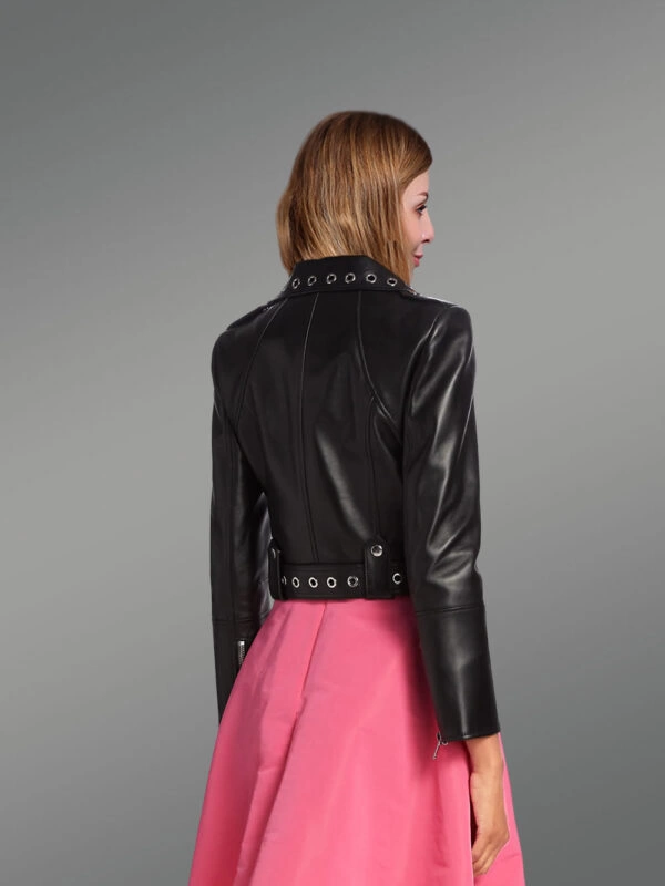 Metallic Crop Leather Jacket back view