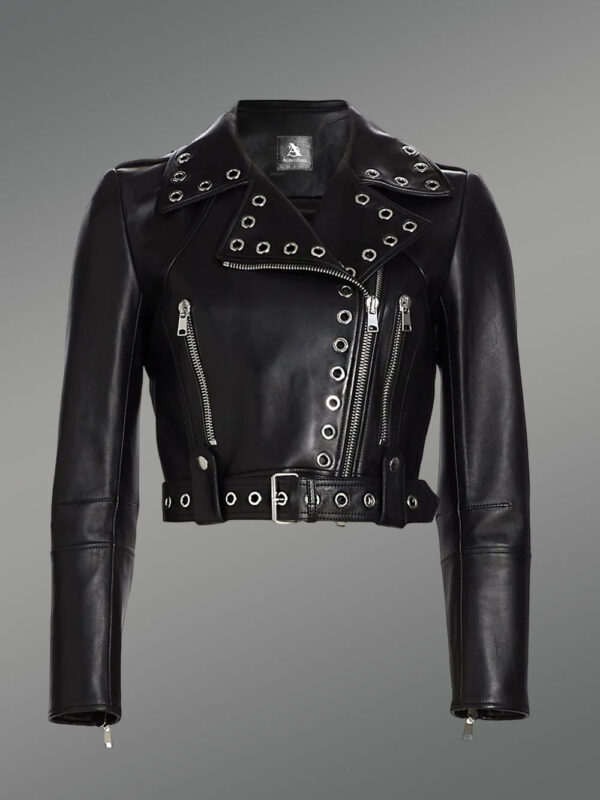 Metallic Crop Leather Jacket front view