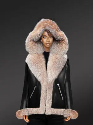 Women Shearling Coat with Fur Hood