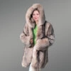 Women Fox Fur Long Coat with Crystal Effect