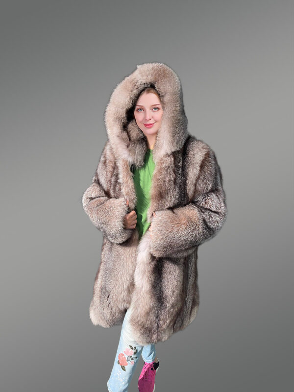 Women Fox Fur Long Coat with Crystal Effect