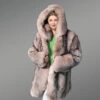 Women Fox Fur Long Coat with Crystal Effect