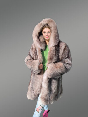 Women Fox Fur Long Coat with Crystal Effect