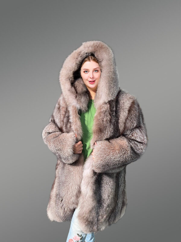 Women Fox Fur Long Coat with Crystal Effect