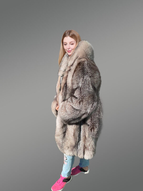 Women Fox Fur Long Coat with Crystal Effect