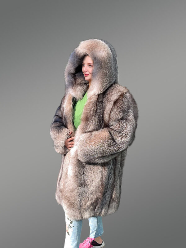 Women Fox Fur Long Coat with Crystal Effect