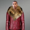 Men’s Wine Color Fashion Leather Moto Jacket With Real Raccoon Collar For Winter